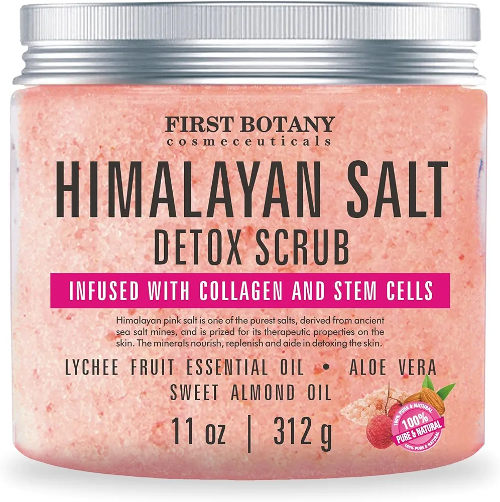 Himalayan Salt Body Scrub with Collagen and Stem Cells - Natural Exfoliating Salt Scrub & Body and Face Souffle helps with Moisturizing Skin, Acne, Cellulite, Dead Skin Scars, Wrinkles (11 oz)