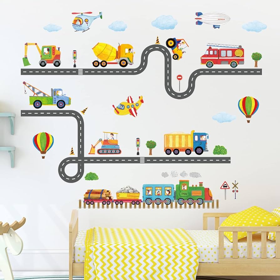 DECOWALL SG2-2107 Construction Transportation Wall Decals Car Truck Tractor Road Stickers for Kids Boys Living Room Decor Bedroom Playroom Nursery Peel and Stick Removable