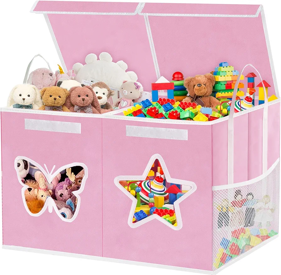 Toy Box for Girls-Large Toy Chest Organizers and Storage with Star Butterfly Transparent Windows,Double Flip-Top Lids,2 Sturdy lengthen Handles and 2 Mesh Bags for Kids,Boys,Nursery,Play Room(Pink)