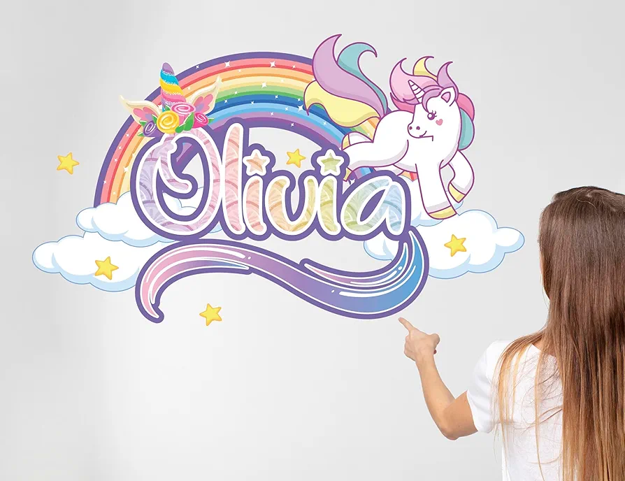 Unicorn Name Wall Decal, Personalized Unicorn Wall Decal for Girls Room, Customized Baby Girl Nursery Wall Decals, Custom Name Unicorn Wall Sticker, Magical Unicorn Wall Decorations (Rainbow Unicorn)