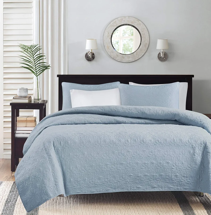 Madison Park Quebec Dusty Pale Blue 3-Piece Quilted King Coverlet Set—For King or Cal King Bed –Ideal For Warm Climate Room Décor or Add-on For Extra Warmth