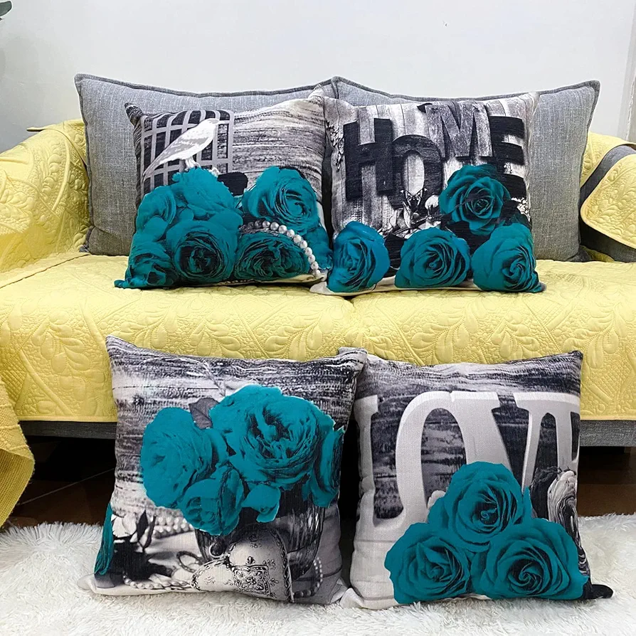 Teal Throw Pillow Covers 18x18 Set of 4 Turquoise Flower Pillow Cover for Couch Living Room Sofa Bed Decor Grey Black Rose Decorative Linen Cotton Pillowcase Outdoor Patio Furniture Home Decorations