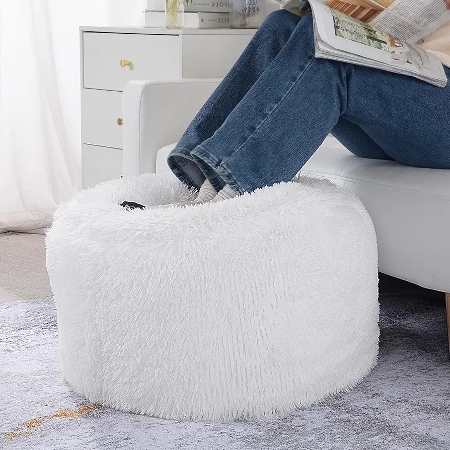 Round Stuffed Pouf Ottoman,Fluffy and Furry Pouf Foot Stool Storage Ottoman,20x24 Inches Floor Pouf Chair for Living Room Bedroom Couch Home Decor（White）