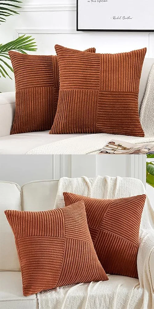 Fancy Homi 4 Packs Rust Decorative Throw Pillow Covers 20x20 Inch for Living Room Couch Bed, Rustic Farmhouse Boho Home Decor, Soft Corss Corduroy Patchwork Accent Terracotta Square Cushion Case 50x50