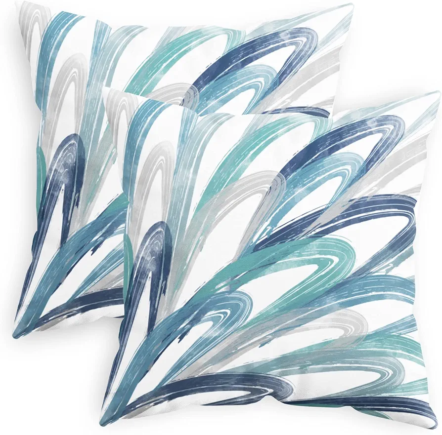 CaliTime Throw Pillow Cases Pack of 2 Cozy Fleece Two-tone Abstract Feather Decorative Cushion Covers for Couch Bed Sofa Farmhouse Decoration 18 X 18 Inches Teal Green Navy Somke Blue Grey