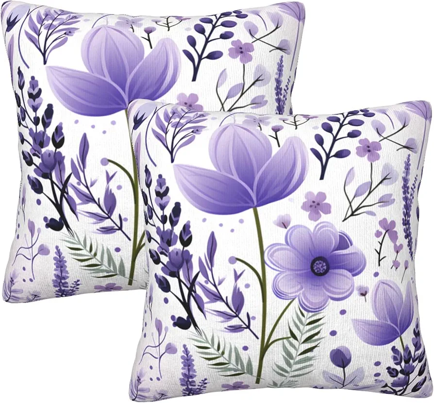 2Pcs Purple Floral Throw Pillow Case, Cute Lavender Flower Art Decor Pillow Covers, Bedroom Living Room Cushion Cover for Couch Sofa Bed, 18'' x 18'', Purple Floral-2