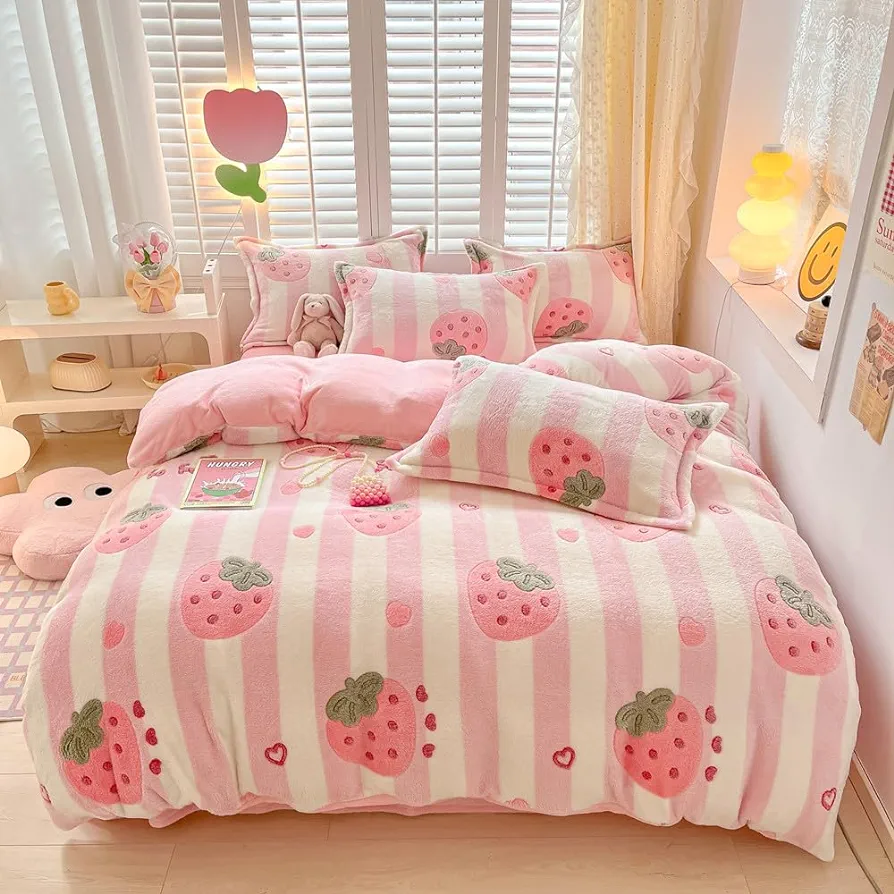 Pink Strawberry Kids Duvet Cover Set Cute Kawaii Bedding Set Twin Size Snowflake Fluffy Comforter Cover Blanket Soft Reversible Duvet Cover Room Decor (Strawberry,Twin)