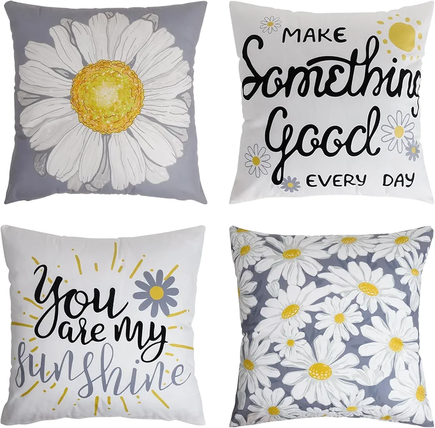 Home Decor Throw Pillows for Couch 18x18 Pillow Cover Set of 4 Grey and White Daisy Decor Couch Pillows for Living Room and Patio Sofa Pillows