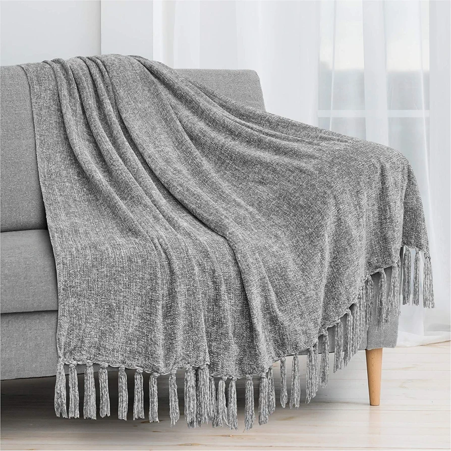 PAVILIA Light Gray Chenille Throw Blanket for Couch, Soft Grey Knit Blanket with Tassel Fringe, Woven Chenille Knitted Decorative Blanket for Sofa Bed Living Room, Decor Gift, 50x60