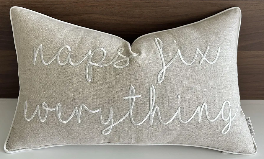 Naps Fix Everything Embroidered Decorative Lumbar Accent Throw Pillow Cover - Living Room, Sofa, Chair, Patio, Car, Balcony, Bench, Porch, Office, Bedroom - 12x20 Inches, Natural-Ivory