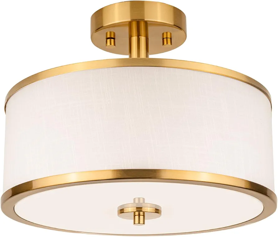 3-Light Semi Flush Mount Ceiling Light Fixture, 12.6" Gold Drum Light with White Fabric Shade, Modern Close to Ceiling Light for Living Room Bedroom Dining Room Kitchen Hallway Entry Foyer