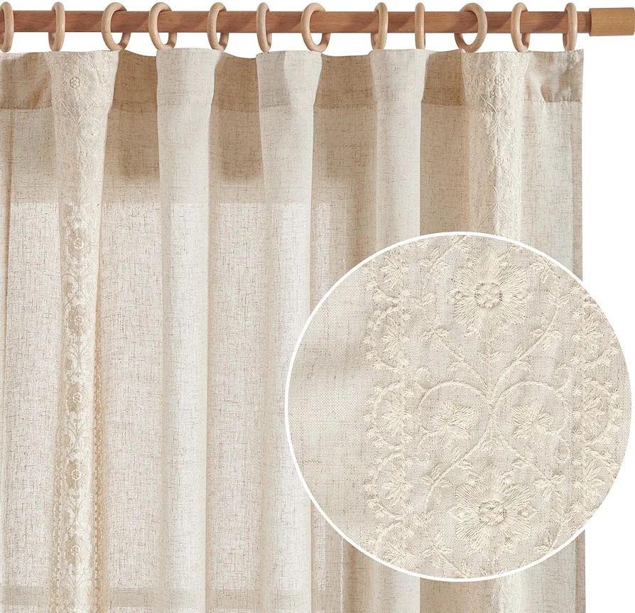 jinchan Linen Curtains for Bedroom Ivory Vintage Floral Farmhouse Curtains 84 Inches Long Boho Curtains for Living Room Embroidered Bordered Drapes Light Filtering Rod Pocket Ivory on Beige 2 Panels