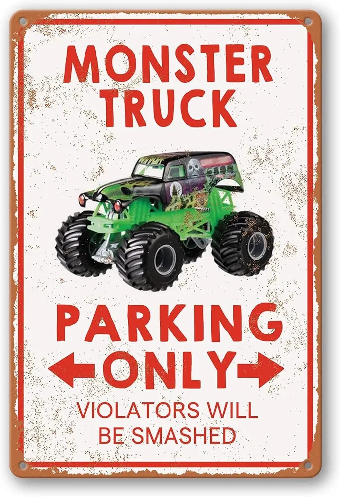 Monster Truck Room Decor For Boys Monster Jam Bedroom Sign Boy Birthday Decorations Party Supplies Vintage Metal Tin Signs Monster Truck Parking Only Violators Will Be Smashed Wall Decor Room Door