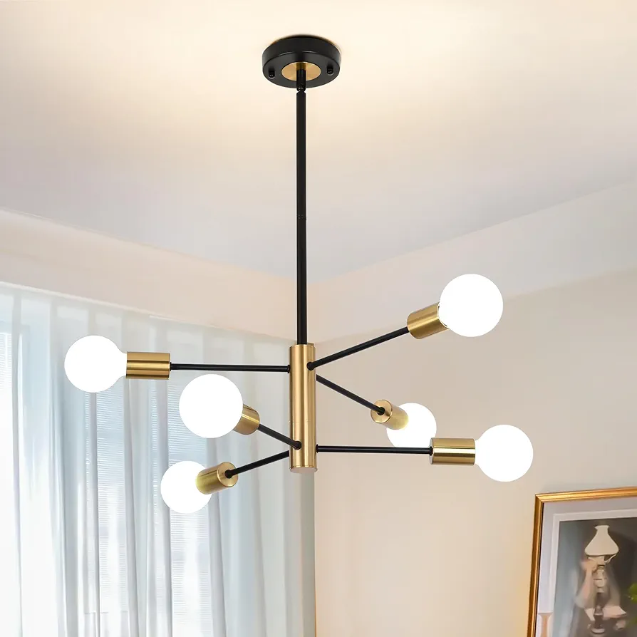 6-Light Sputnik Chandelier for Dining Room, Black Gold Modern Mid Century Chandeliers, E26 Base, Branch Height Adjustable Pendant Sputnik Lighting Fixture for Kitchen Island Living Room