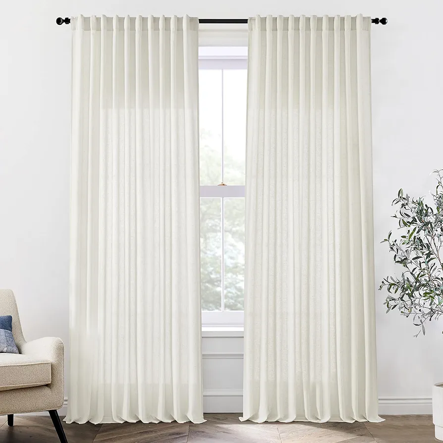 Extra Wide Curtains 70 In Width for 60 & 72 Inch Window,Pleated Back Tab Linen Semi Sheer Full Length Curtains for Living Room Sliding Glass Door 2 Panel Set,72x96,70x96,6FT x 96 Inches Long,Cream