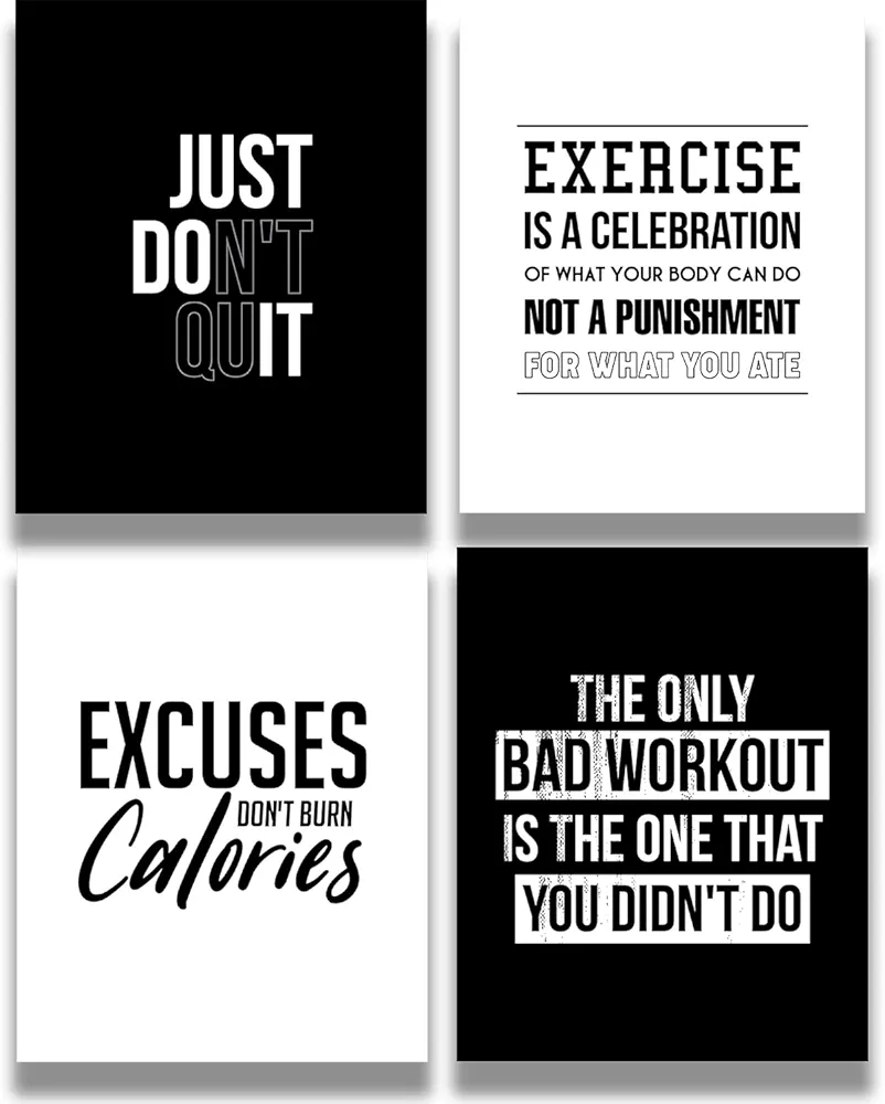 Govivo Fitness wall art - Set of 4 motivation quotes wall decor for home gym weight room locker room studio - Inspirational gifts for women - 8x10 unframed print