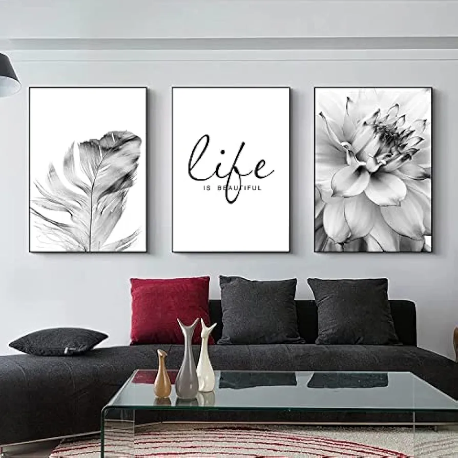 3 Pack Wall Art Prints Dandelion flowers black and white feathers Canvas Poster Wall Art Decor Print Picture Paintings for Living Room Decoration, Unframe (A,16x20 inch)