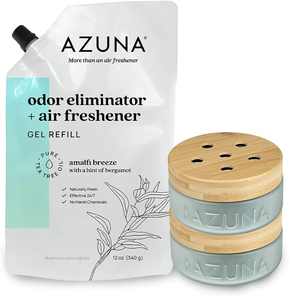 Azuna Air Freshener & Odor Eliminator Gel 2 Room Kit, Includes (2) 8 oz. Empty Luxe Glass Jars & 12 oz. Refill with Tea Tree Essential Oil, Amalfi Breeze, Works 24/7 for 60-90 Days