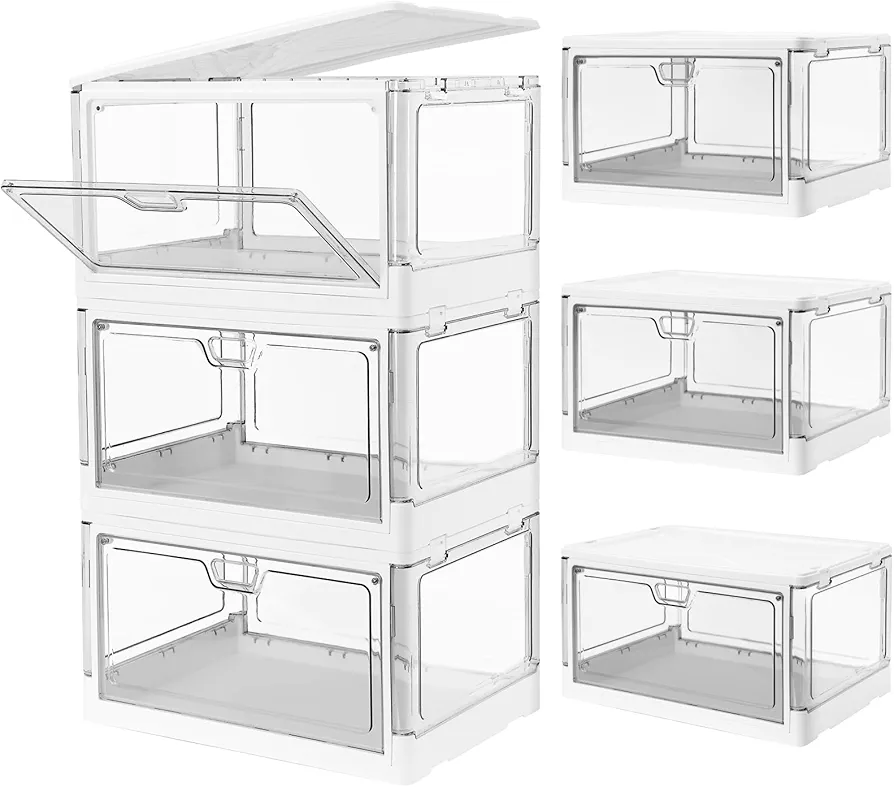 3-Pack Clear Stackable Storage Bins with Lids Magnetic Doors Open Front Foldable Folding Plastic Craft Containers Large Closet Organizers Box for Bedrooms Living Rooms Study Kids' Toys 24 QT