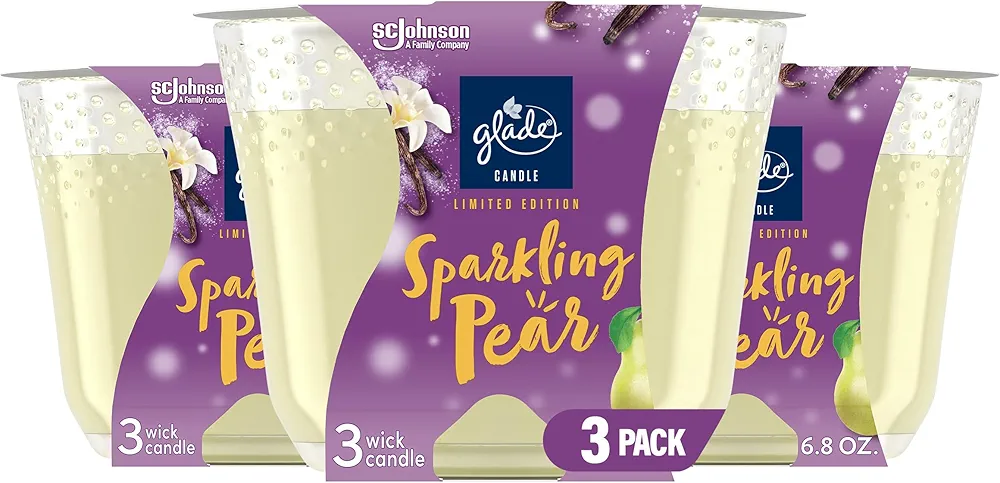 Glade Candle Sparkling Pear, Fragrance Candle Infused with Essential Oils, Air Freshener Candle, Limited Edition Scent, 3-Wick Candle, 6.8oz, 3 Count