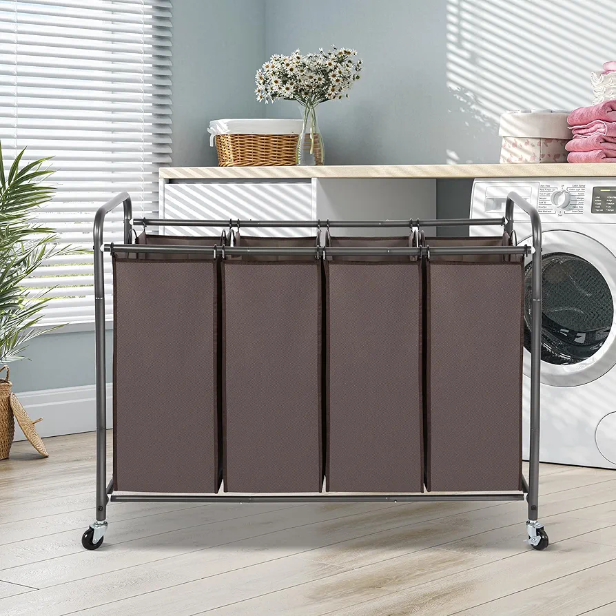 Laundry Sorter 4 Section, 4-Bag Heavy Duty Rolling Laundry Hamper Cart, Laundry Basket Organizer With Wheels and Removable Bags, Laundry Room Organization For Dirty Clothes Storage, BROWN