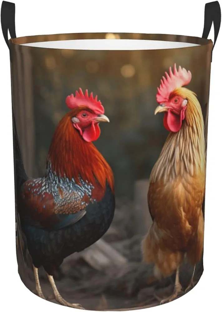 Rooster and Chicken Print Laundry Basket Circular Laundry Hamper with Handles Waterproof Circular Hamper Dirty Clothes Basket Portable Storage Bin for Home Organizer Living Room Bathroom Car Small