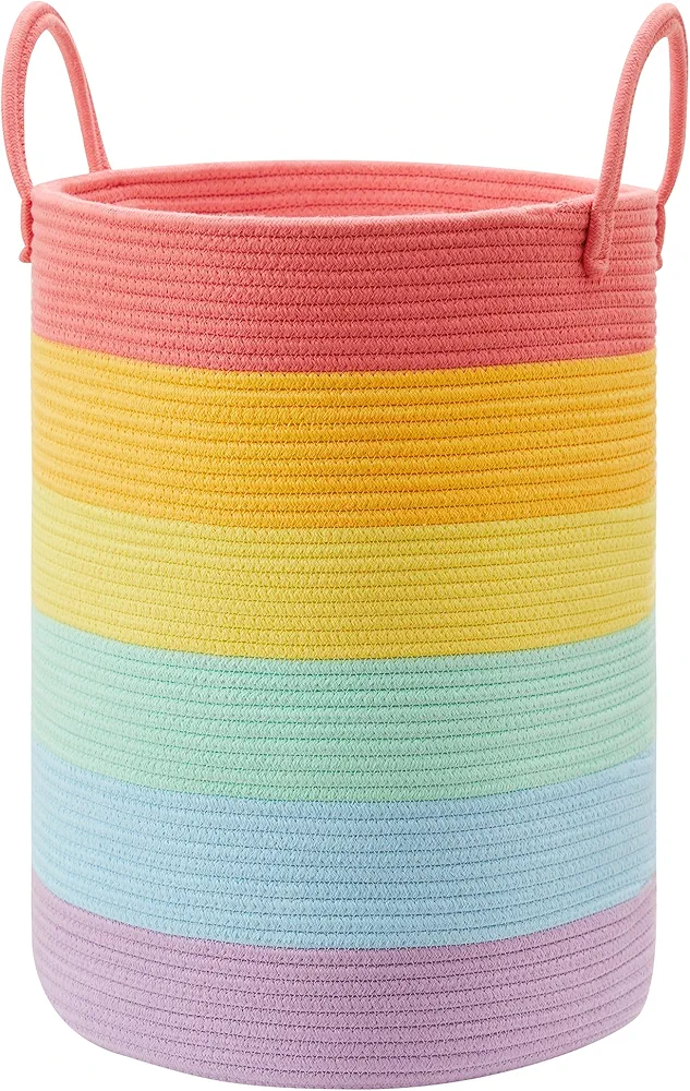 Rainbow Laundry Basket Hamper for Kids, 15Dx20H inches Nursery Hamper for Baby Girls, Tall Blanket Basket for Living Room, Toy Basket Storage