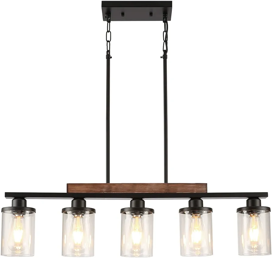 Dining Room Light Fixture,5-Light Kitchen Island Lighting Farmhouse Chandelier,Matte Black Metal Wood Industrial Pendant Lighting,Modern Dining Table Lights