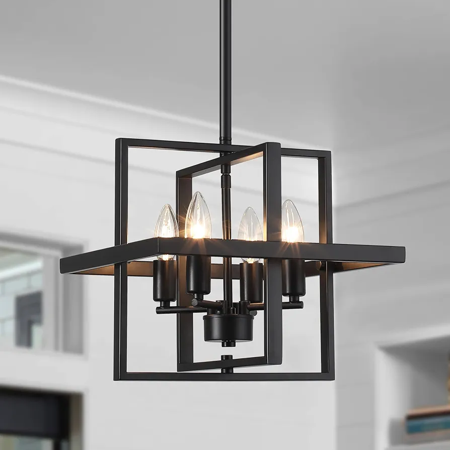 Black Pendant Light Kitchen Chandeliers 4 Light Farmhouse Fixture Rustic Cage Adjustable Height Square Foldable Ceiling Light for Dining Room Hallway Foyer Entryway Kitchen Island