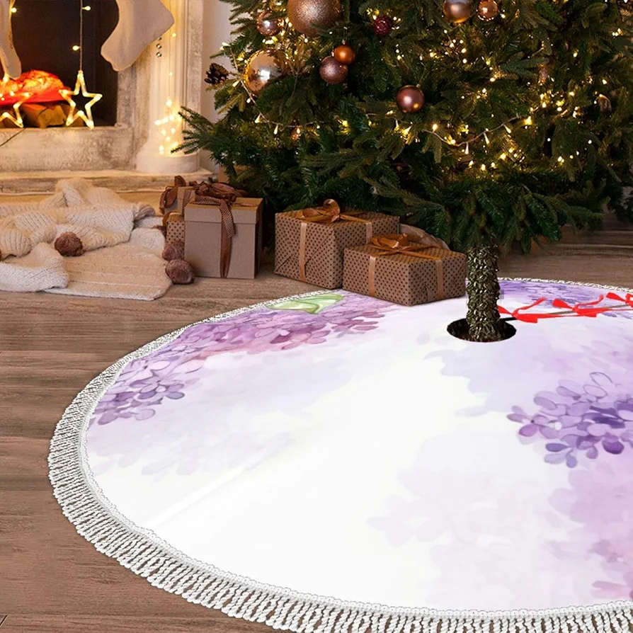 Christmas Tree Skirt with Tassel Framing Lilac Flowers 30" Xmas Tree Skirts Tassel Tree Mat Ornament for Home Indoor Outdoor Room Holiday Decoration