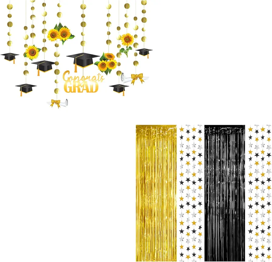 Cheerland Black and Gold Foil Curtain Streamers with Photo Props for Grad Celebration Photo Backgrounds and Classroom Decoration and Supplies