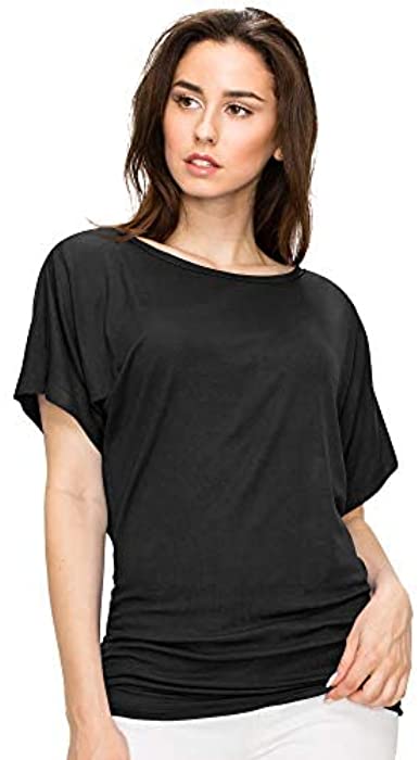 Made By Johnny MBJ Women's Solid Short Sleeve Boat Neck V Neck Dolman Top with Side Shirring