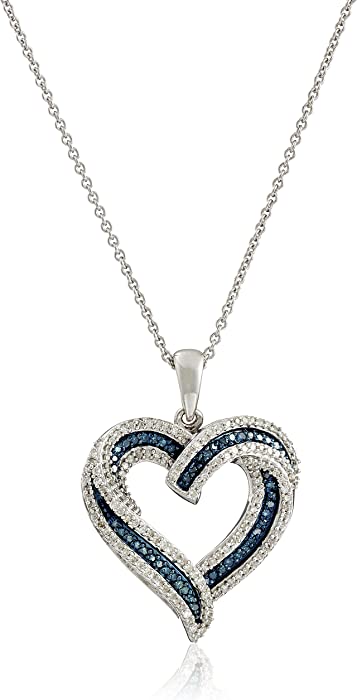 Amazon Collection Sterling Silver Blue and White Diamond Heart Pendant Necklace (1/2 cttw), 18"