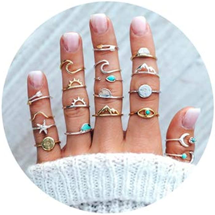 7-19pcs Silver Star Moon Knuckle Ring Set for Women Girls Vintage Stackable Midi Finger Rings Set