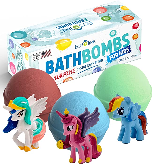 Bath Bombs for Kids with Surprise Toys Pony Inside - Bubble Fizzies with Essential Oils - Multicolored Kids Extra Large 3 Bath Bombs - Natural & Organic Ingredients Set for Girls Handmade in The USA