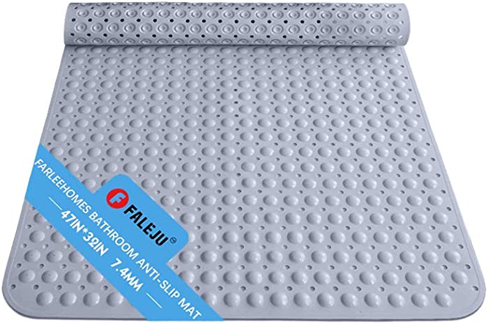 FALEJU Extra Large 47 x 32 Inch Bath Tub Shower Mat with Suction Cups, Pool Anti-Slip Thickened Mat Large Bathroom with Drain Holes Shower Floor Mat Home Mat, Grey