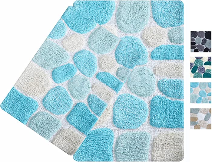 2-Piece Pebbles Cotton Bath Rug Set - 100% Pure Cotton Bath Mat Rug - 21x32/17x24 - Soft Absorbent Machine Washable - Turquoise,,Rugs for Living Room, Bath Rugs Kids, Entry Rugs