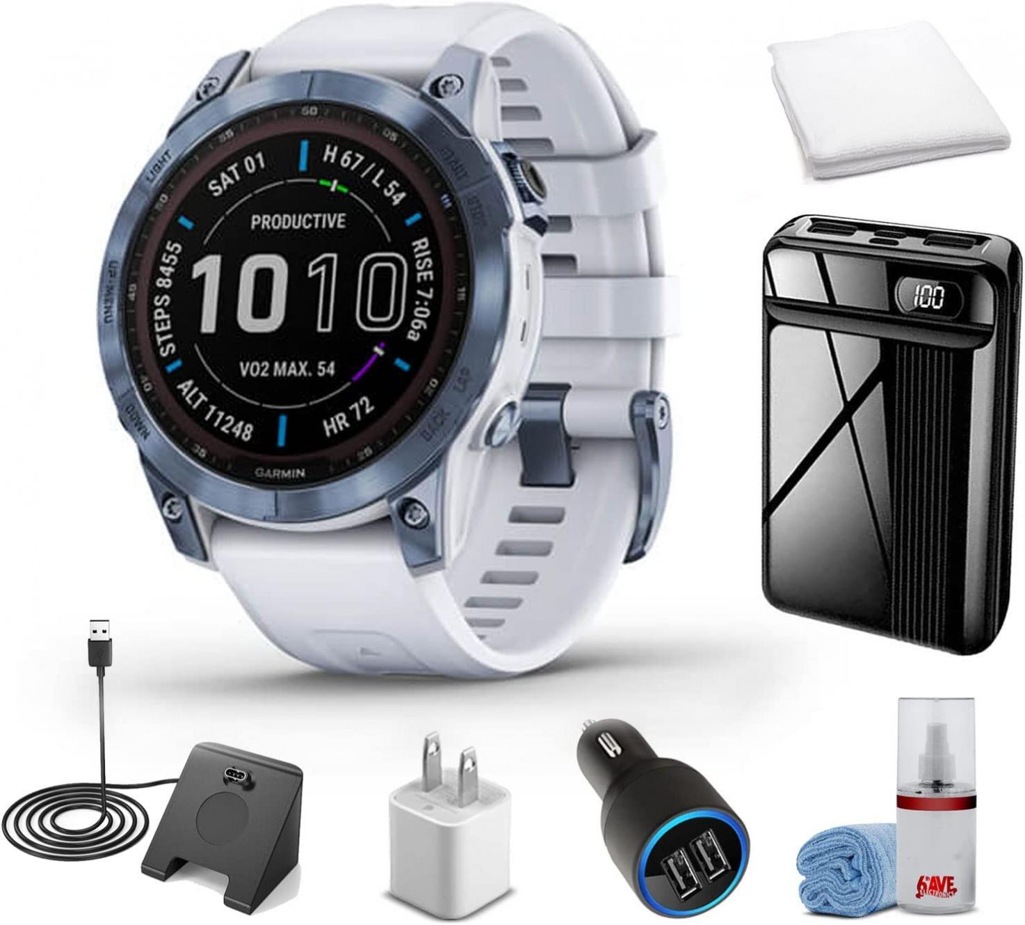 Garmin Fenix 7 Sapphire Solar Edition Smart Watch Mineral Blue Titanium with Whitestone Band + Watch Charging Stand + USB Car/Wall Adapter + More! (010-02540-24)