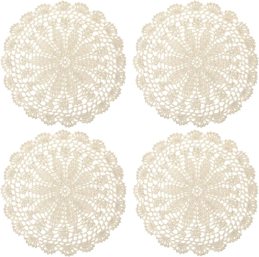 Crochet Doilies, 4Pcs 10 Inch Doilies for Tables, Beige Vintage Doilies for Furniture, Round Handmade Lace Placemats Knitted Tablecloth Corrugated Edge for Kitchen Dining Room Wedding Party Decoration