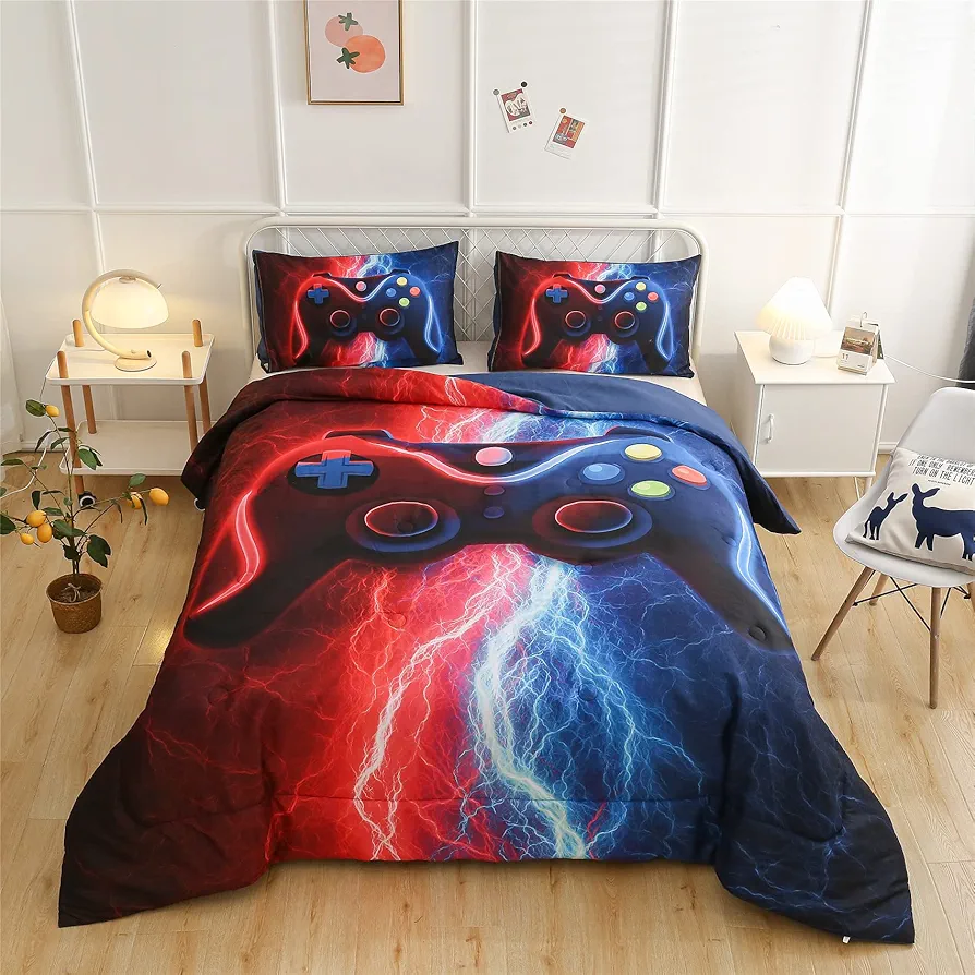 Meeting Story Gamer Gaming Bedding Sets Red-Blue Lightnings Gamepad Comforter Set for Boys Games Console Action Buttons Novelty Colorful Modern Room Decor Home Quilt Set (Red-Blue, Full)