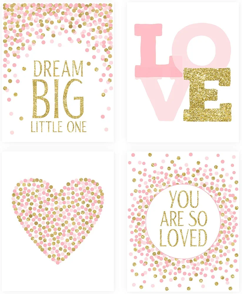 Pink & Gold Positve Affirmation 8x10 Wall Art Set of 4 Love Nursery Toddler Girls Room Decorations Dream Big (NOT Real Glitter)