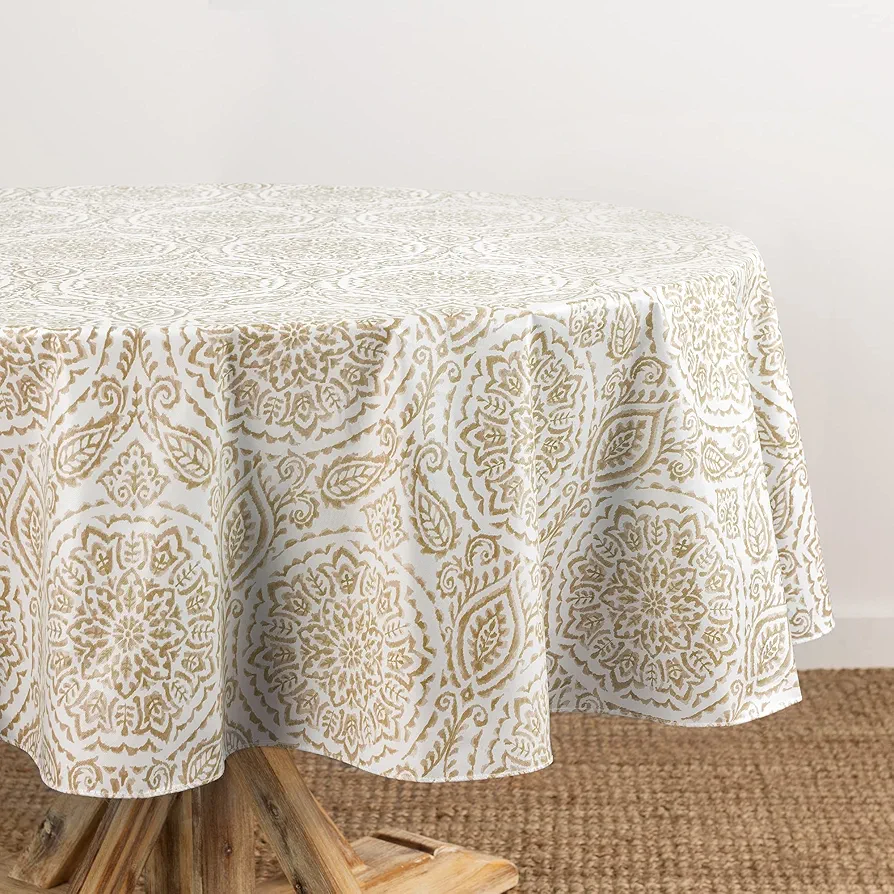 Elrene Home Fashions Savannah Boho Paisley Water- and Stain-Resistant Vinyl Tablecloth with Flannel Backing, 60 Inches X 84 Inches, Oval, Taupe