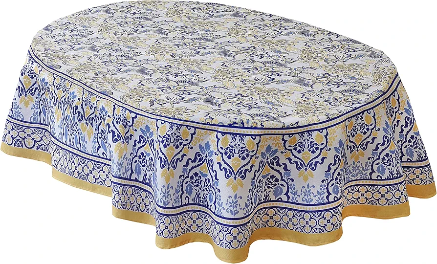 Home Bargains Plus Oval Fabric Tablecloth, 60 x 102 Inch, Allure Yellow and Blue Floral Bordered Print, Indoor Outdoor Stain and Water Resistant Table Cloth, Provence French Country