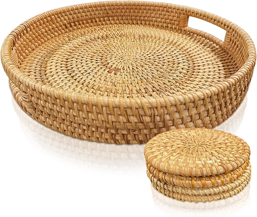 TAYLORD Boho Round Rattan Tray with Handles & Rattan Coasters (5 Pieces) - Wooden Tray for Kitchen/Living Room/Bedroom/Bathroom - Ottoman - Coffee Table Indoor and Outdoor Use