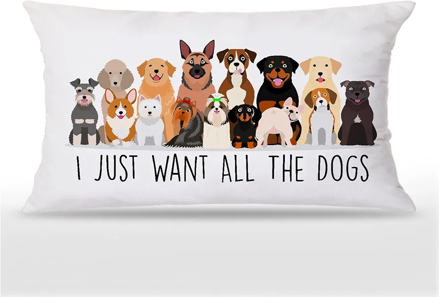 I Just Want All The Dogs Funny Cartoon Dogs 12 x 20 Inches Throw Pillow Covers,Bedroom Living Room Girls Room Home Decor,Dog Lovers Owners Girls Women Gifts