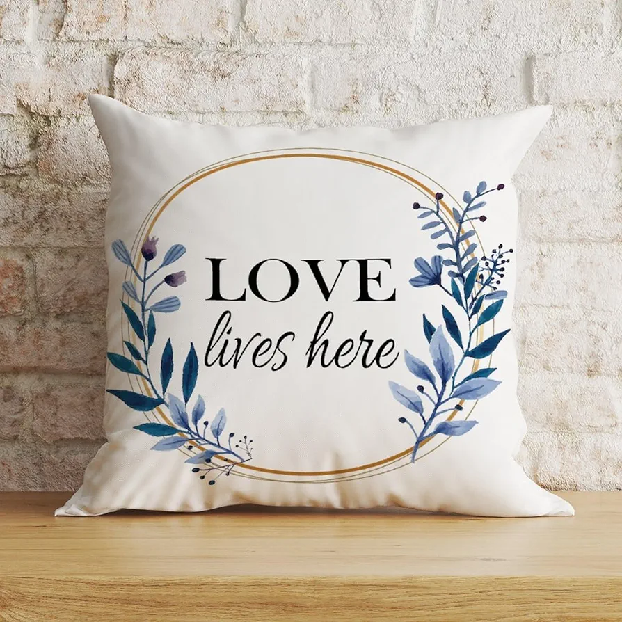 Throw Pillowcase Love Lives Here Cushion Cover Blue Floral Wreath Decorative Pillow Home Cotton Linen Words Letters 16x16in Modern Throw Pillowcase for Bedroom Sofa Living Room Car