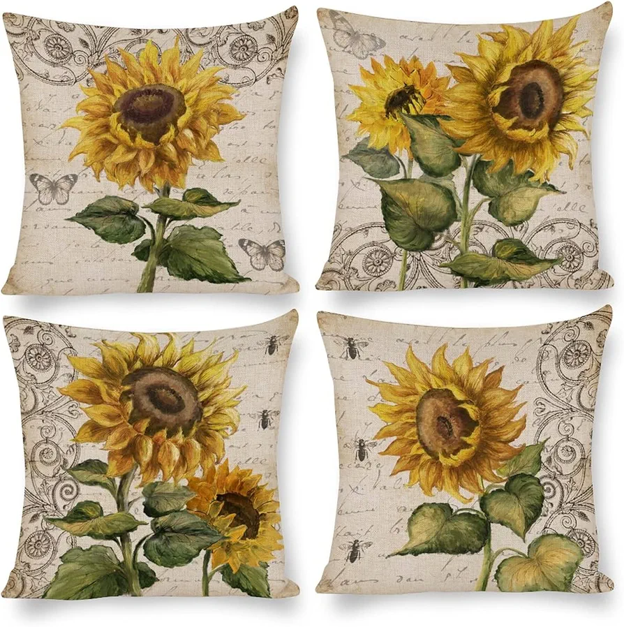 Set of 4 Sunflower Outdoor Decorative Throw Pillow Covers 18x18 Inch,Vintage Sunflower Linen Square Cushion，for Living Room Couch and Bed （Sunflower,18x18）