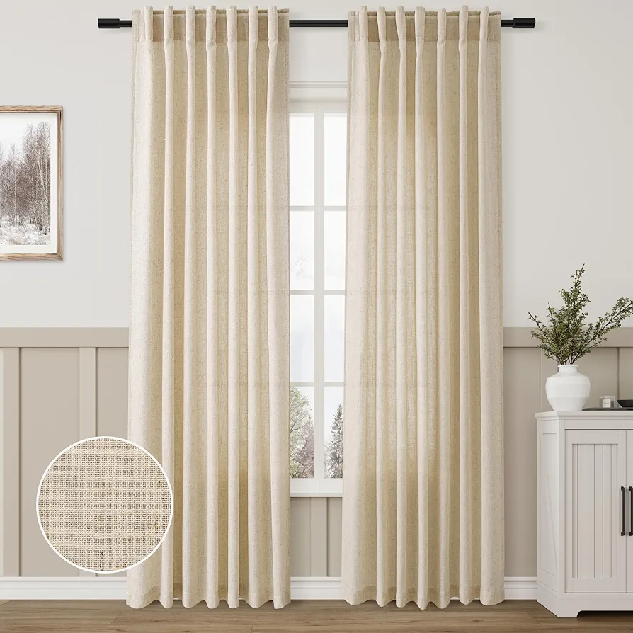 Back Tab Linen Beige Curtain Panels 84 Inches Long Light Filtering Semi Sheer Pleated Drapes for Living Room Faux Linen Blend Country Rustic Farmhouse Privacy Canvas Cloth Window Curtain Set of 2