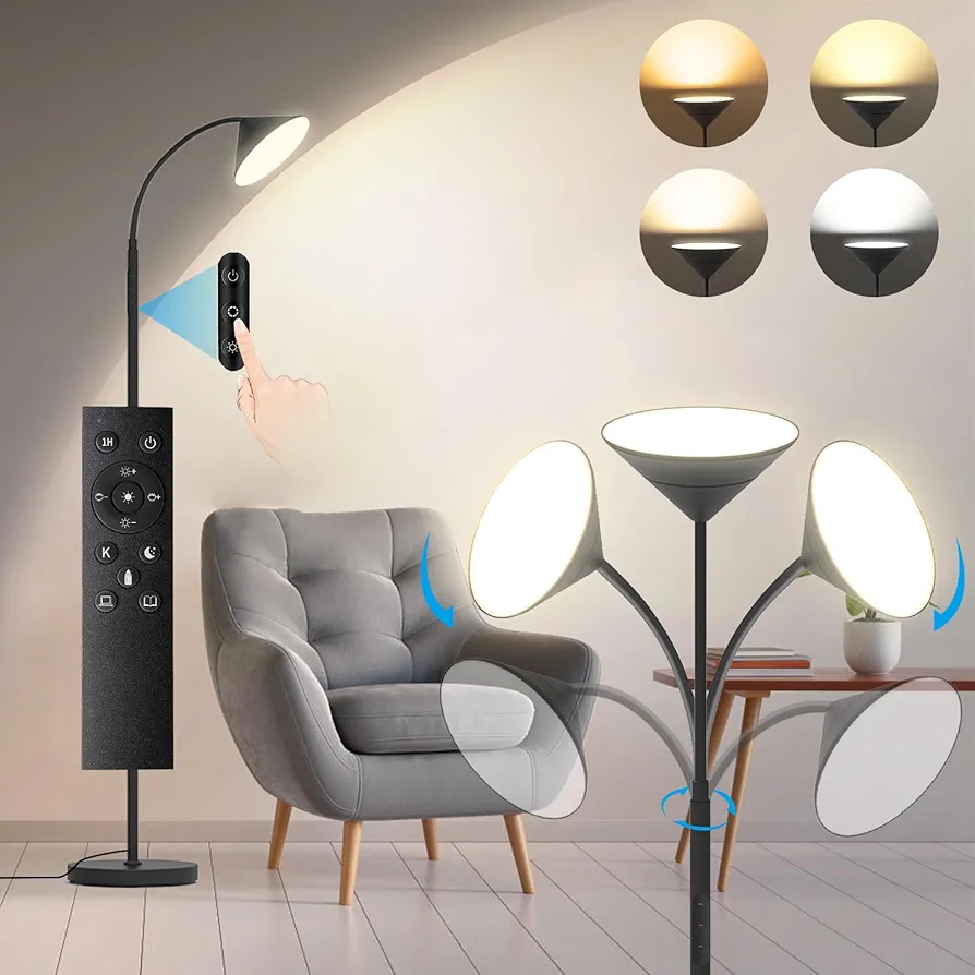 Floor Lamp, Upgraded Bright LED Floor Lamps for Living Room Bedroom with Soft Gooseneck, Stepless Dimming & Color, 76inch Tall Standing Lamp with Remote & Touch Control Work with Smart Plug