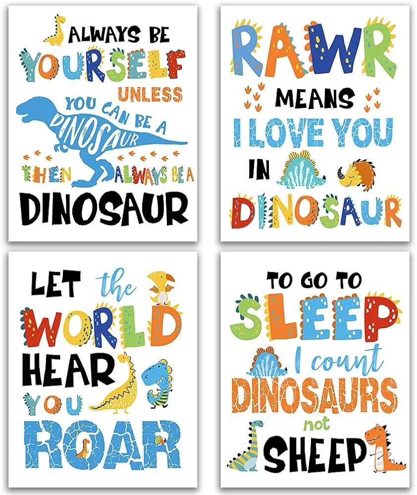 IIILUYOT Dinosaur Decor Gift, Inspirational Lettering Quote Wall Art Print Set of 4 (8”X10”) Wildlife Animal Dinosaur Poster for Boys Tween Girls Room Bedroom Nursery Classroom Room Decor, Unframed